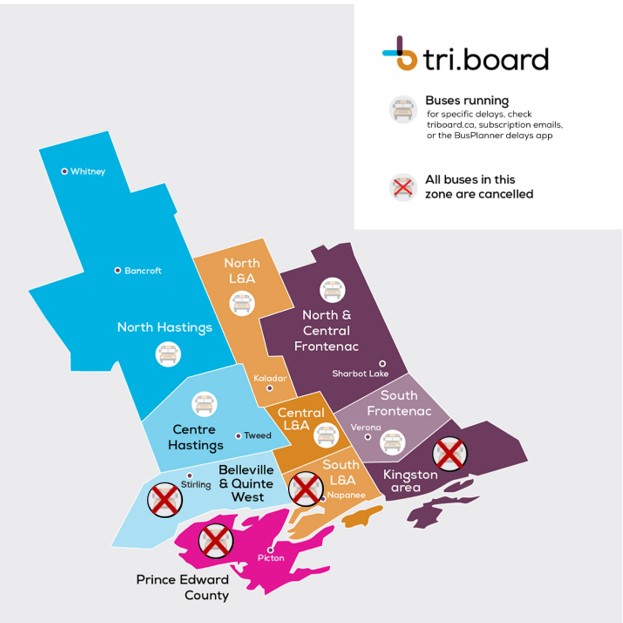 Tri-Board Student Transportation service map with school bus icons indicating transportation is cancelled in Belleville & Quinte West, Prince Edward County, South Lennox & Addington and Kingston area.