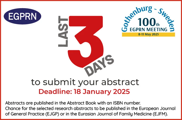 Last 3 days to submit abstract for the #EGPRNGothenburg. Theme Telehealth: Its Benefits, Quality, and Safety.

Submit for
·      Theme Papers
·      Free-standing Papers
·      Posters
·      1 Slide 5 Minutes Presentations
