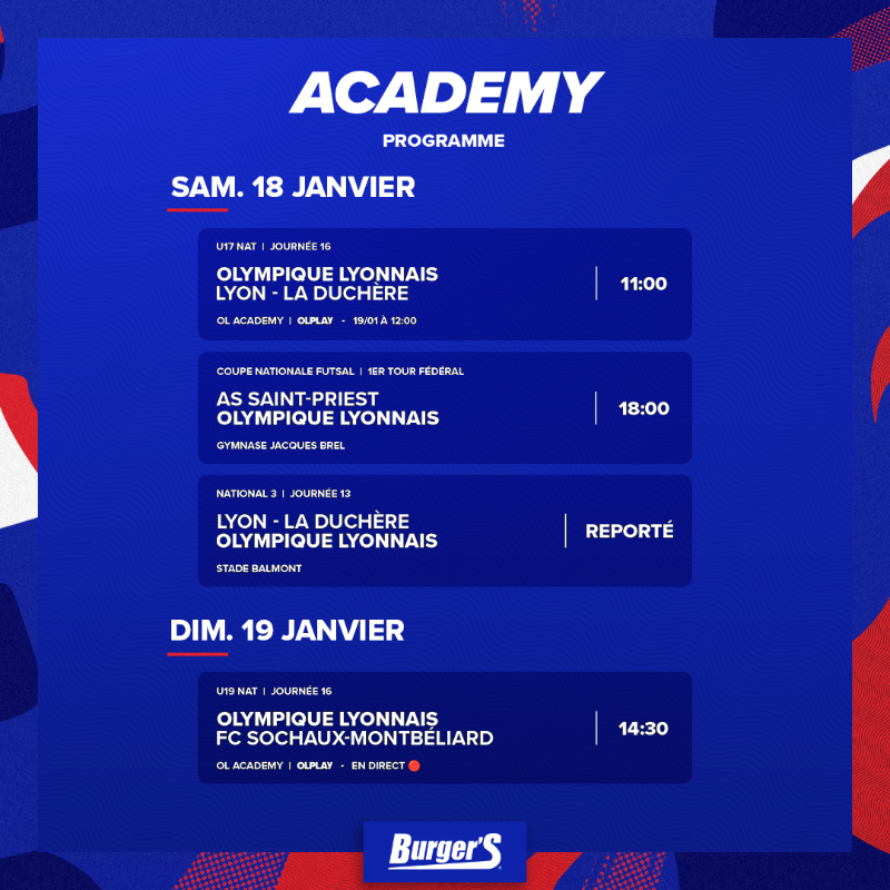 OL's tweet photo. 🔴 Academy 🔵

📅 Découvrez le programme de l'#OLAcademy pour ce week-end ⚽

💻📱 À suivre sur @OLPLAY_Officiel ce dimanche :

▪ Nos #U17 face à La Duchère en différé à 12h
▪ Nos #U19 face au leader sochalien en direct à 14h30

👉 https://t.co/szeffqIsnc

#MadeInOL
