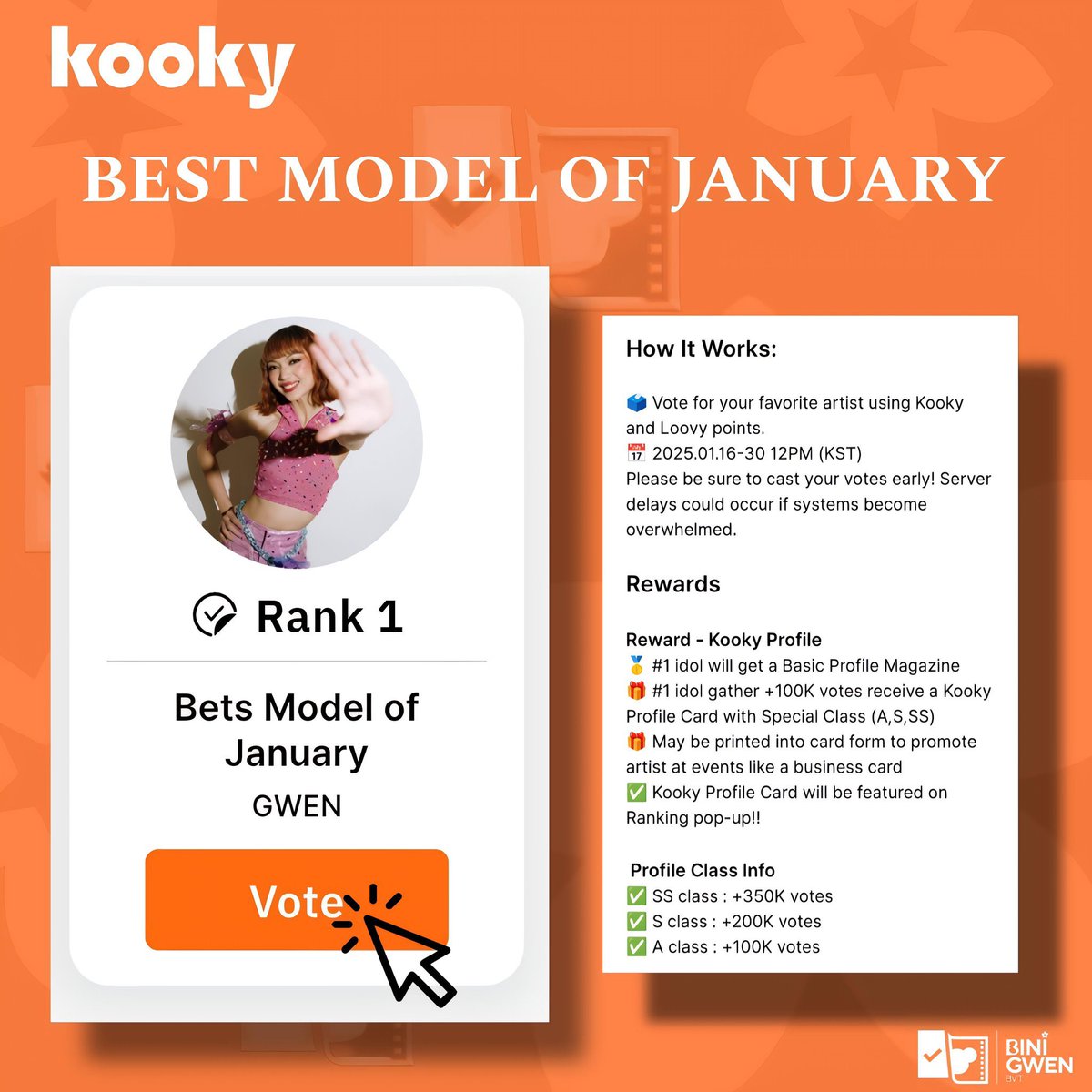 BiniGwenBVT's tweet photo. π£ πππππ ππππ πππππ ππ
πππππππ
Gwen is nominated under the βBest Model of Januaryβ category on Kooky. To win, we need your help to make it to the Top 1 (with over 100k votes).
Voting in this category requires Kookys, so make sure to download the Kooky app to vote.
β³: January 30, 2025 @ 11AM (PHT)
π: https://t.co/b7BuhqNp3g
#BINI #BINIGwen #GwenApuli
#Kooky #BestModel_January
