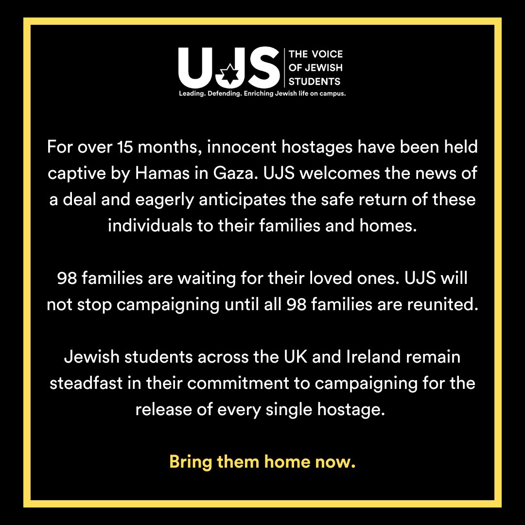 UJS welcomes the news of a deal and eagerly anticipates the safe return of these individuals to their families and homes.

Bring them home now.