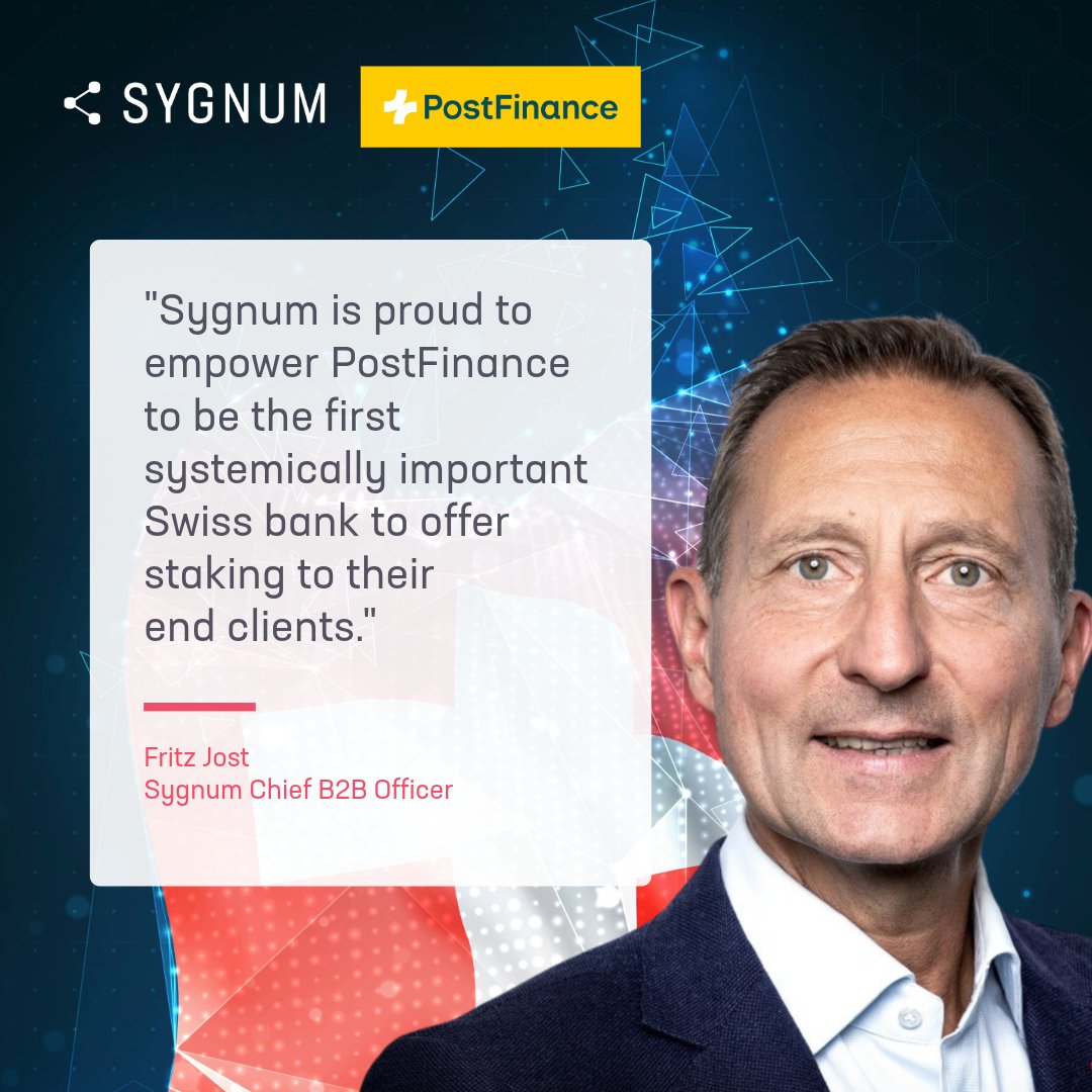 Sygnum Bank (@sygnumofficial) on Twitter photo .<a href="/PostFinance/">PostFinance</a> has launched staking to their 2.5 million customers in partnership with Sygnum. Fritz Jost, Sygnum Chief B2B Officer, says:
“Sygnum is proud to empower <a href="/PostFinance/">PostFinance</a> to be the first systemically important Swiss bank to offer #staking to their end clients.
In .<a href="/PostFinance/">PostFinance</a> has launched staking to their 2.5 million customers in partnership with Sygnum. Fritz Jost, Sygnum Chief B2B Officer, says:
“Sygnum is proud to empower <a href="/PostFinance/">PostFinance</a> to be the first systemically important Swiss bank to offer #staking to their end clients.
In
