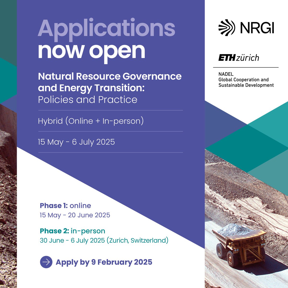 Applications are now open for <a href="/NRGInstitute/">Natural Resource Governance Institute</a> and @ETH_NADEL's 2025 advanced course on resource governance and the energy transition.

📅 15 May – 5 July 2025
🌍 Online and in-person (Zürich)

Apply by 9 Feb: resourcegovernance.org/events/natural…