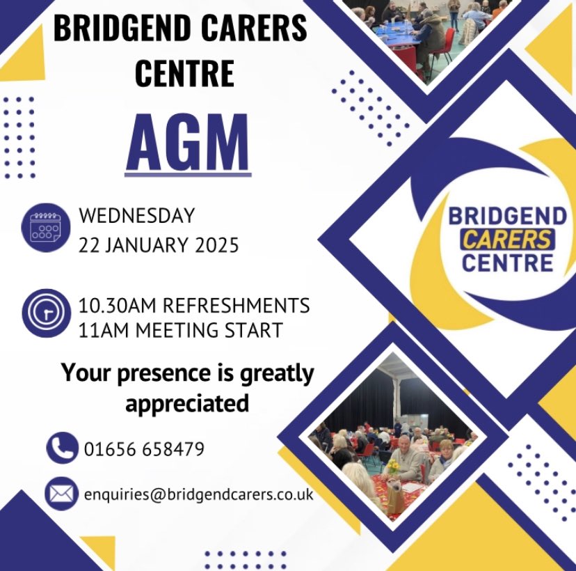 Bridgend Carers (@bridgendcarers) on Twitter photo We welcome all to attend our Annual General Meeting (AGM) at BCLC on Wednesday 22nd January. Refreshments at 10.30am, meeting at 11am.
To confirm attendance please contact the office on 01656 658479 or email enquiries@bridgendcarers.co.uk We welcome all to attend our Annual General Meeting (AGM) at BCLC on Wednesday 22nd January. Refreshments at 10.30am, meeting at 11am.
To confirm attendance please contact the office on 01656 658479 or email enquiries@bridgendcarers.co.uk
