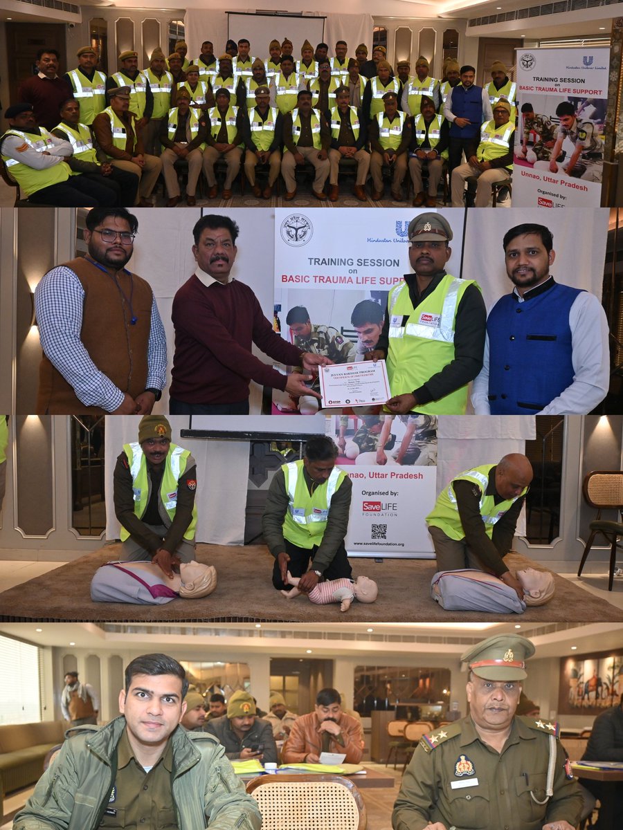 tpunnao's tweet image. आज दिनांक 16.01.2025 को सेव लाइफ फाउंडेशन आर्गेनाइजेशन की टीम द्वारा यातायात पुलिस, सिविल पुलिस व डायल 112 के अधिकारी/कर्मचारीयों को सड़क दुर्घटनाओ में घायलों के बचाव हेतु  बेसिक  ट्रॉमा लाइफ सपोर्ट ट्रेनिंग दी गई।
@Uppolice 
@uptrafficpolice 
@Igrangelucknow 
@unnaopolice