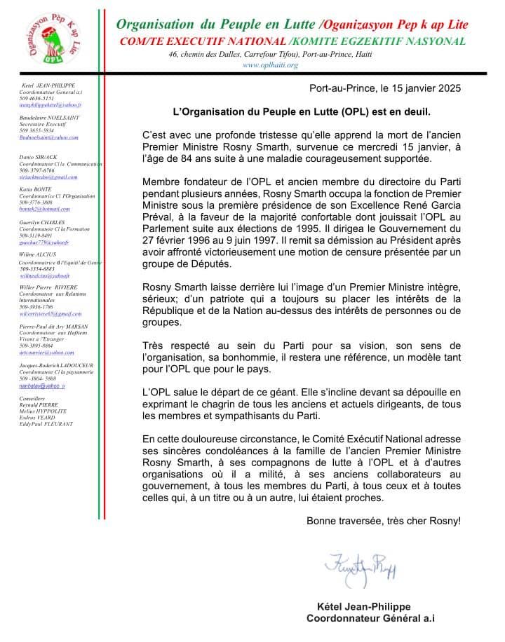 📣Avec tristesse, nous annonçons le décès de Rosny SMARTH, ancien Premier ministre. Son dévouement à la nation restera gravé. Sincères condoléances. #OPL #Memorie #Adieu