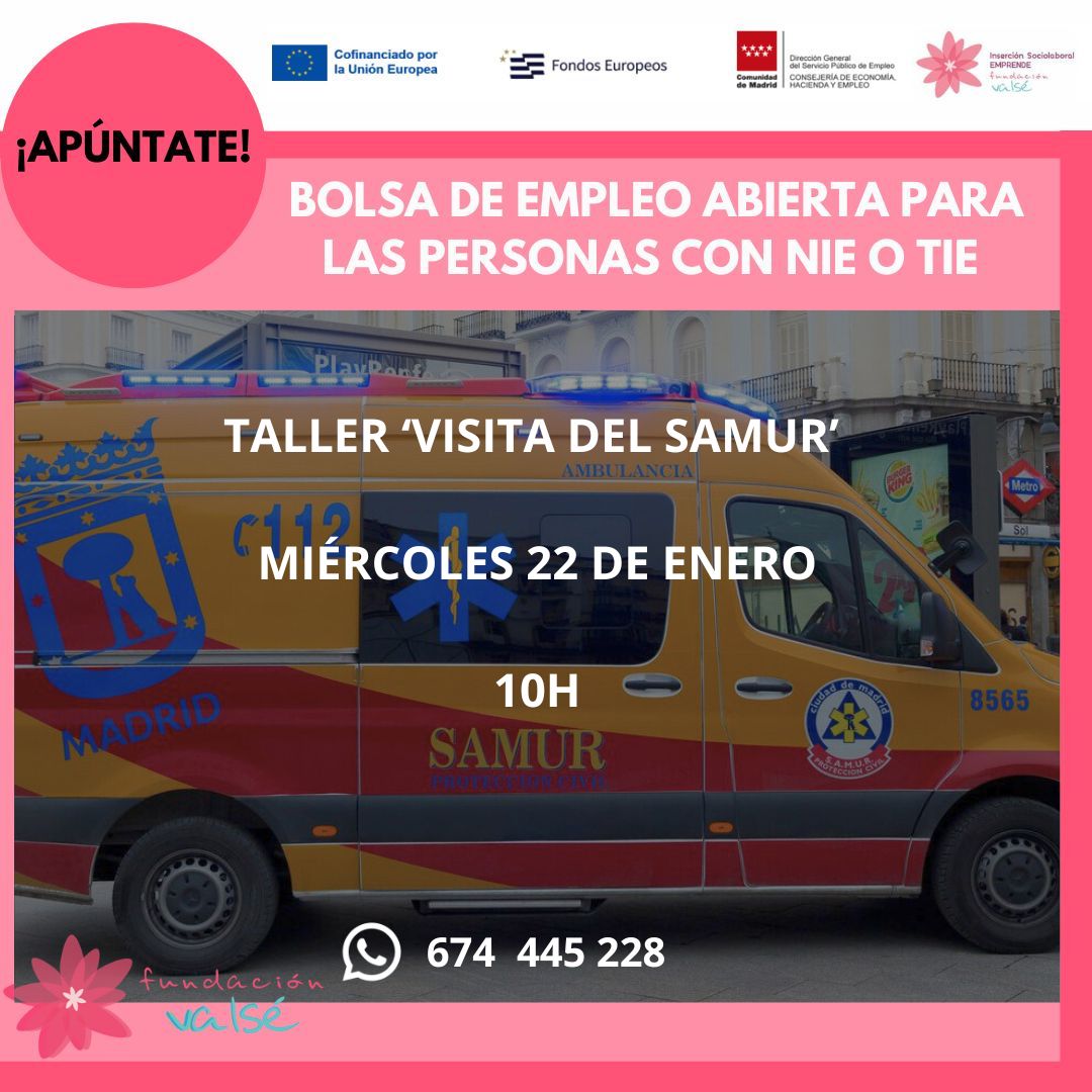 ¿Quieres venir al taller "Visita del SAMUR"? Una experiencia para conocer de cerca el trabajo que realiza este servicio de emergencia en Madrid. 

Para inscribirte contacta con nosotros a través de WhatsApp: 674 445 228