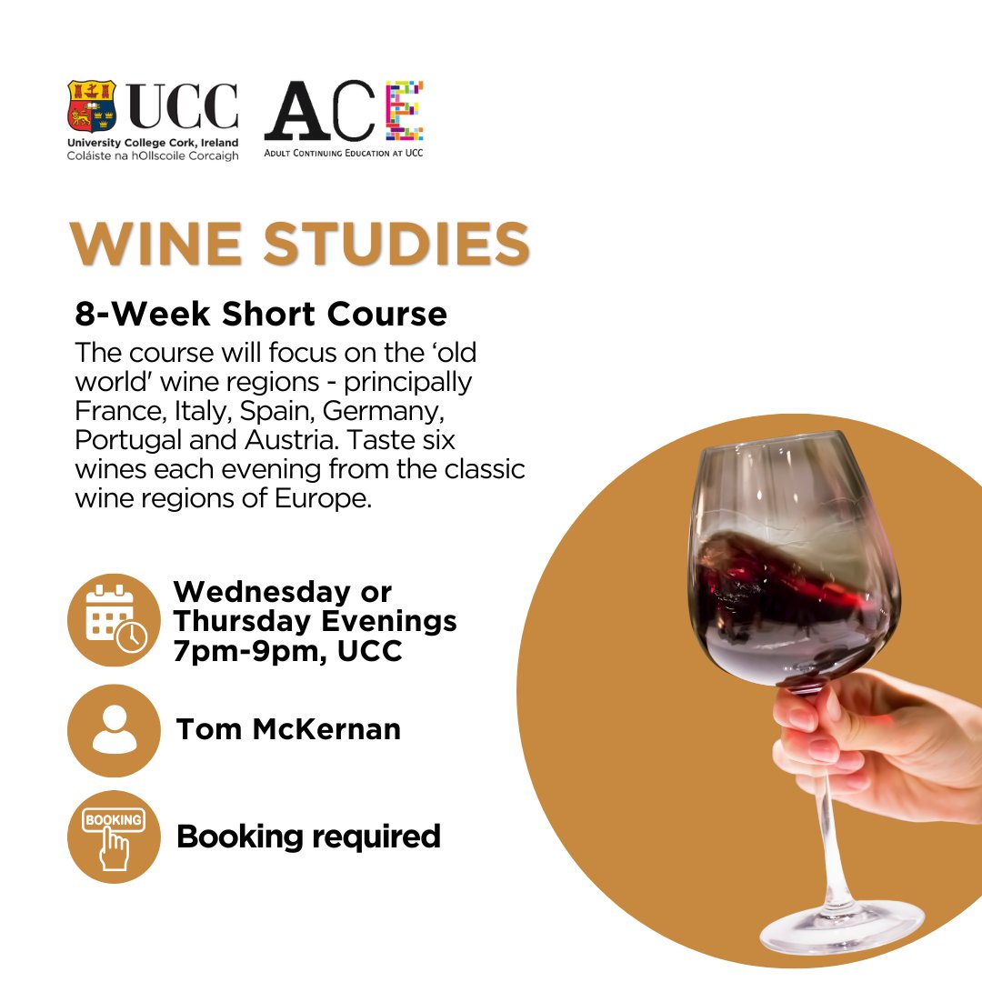 ACE UCC (@aceucc) on Twitter photo Limited spaces remaining on the Wine Studies short courses at <a href="/UCC/">UCC Ireland</a> 🍷
Choose from Wednesday or Thursday evenings.
Features an introduction to the wine regions of Europe and wine tasting each evening for 8 weeks.
See more/register here: ucc.ie/en/ace/courses… Limited spaces remaining on the Wine Studies short courses at <a href="/UCC/">UCC Ireland</a> 🍷
Choose from Wednesday or Thursday evenings.
Features an introduction to the wine regions of Europe and wine tasting each evening for 8 weeks.
See more/register here: ucc.ie/en/ace/courses…