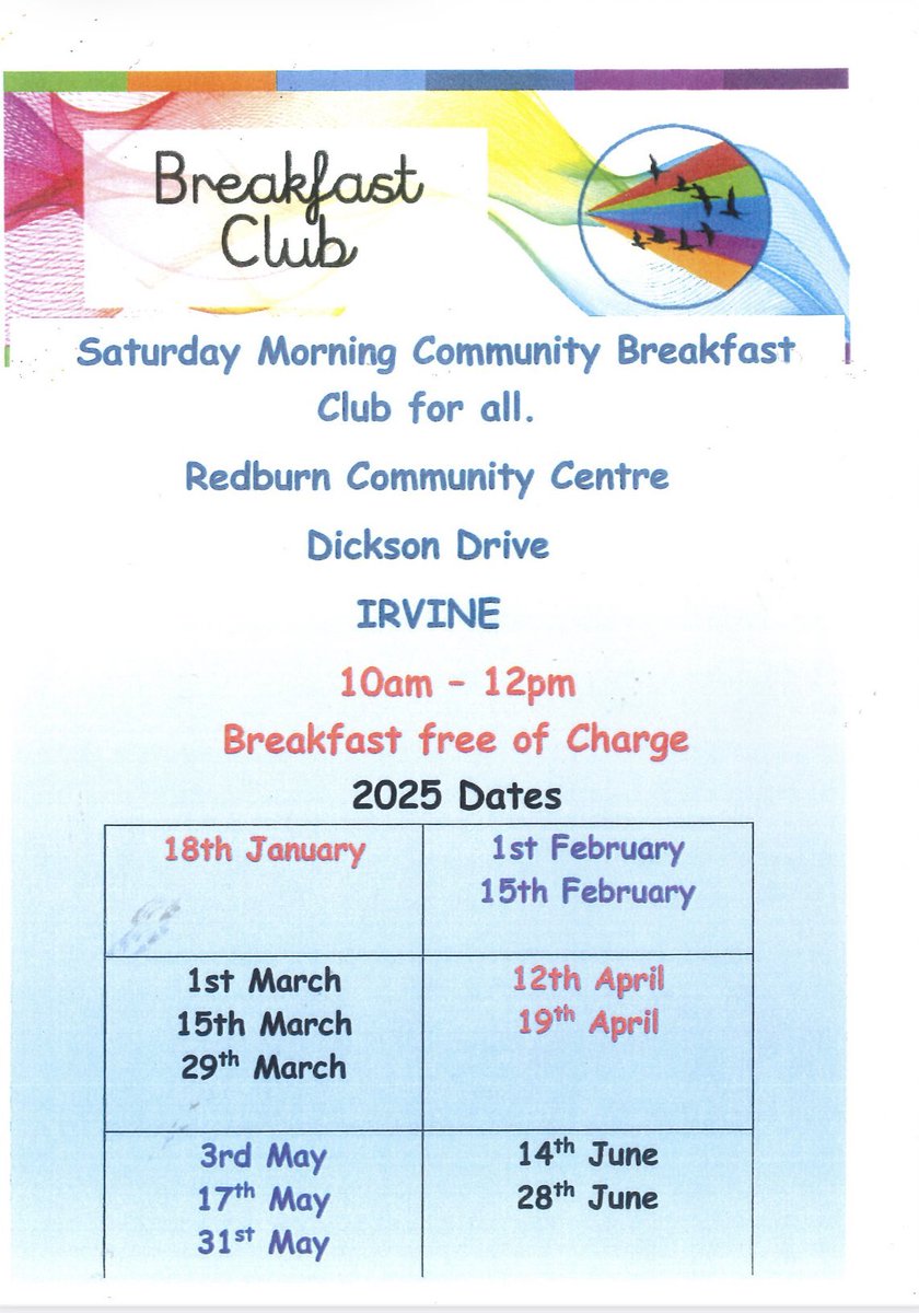 Here’s the dates for the breakfast club from January - June 2025! Come along for a free fry up and much more☕️🍳🥞