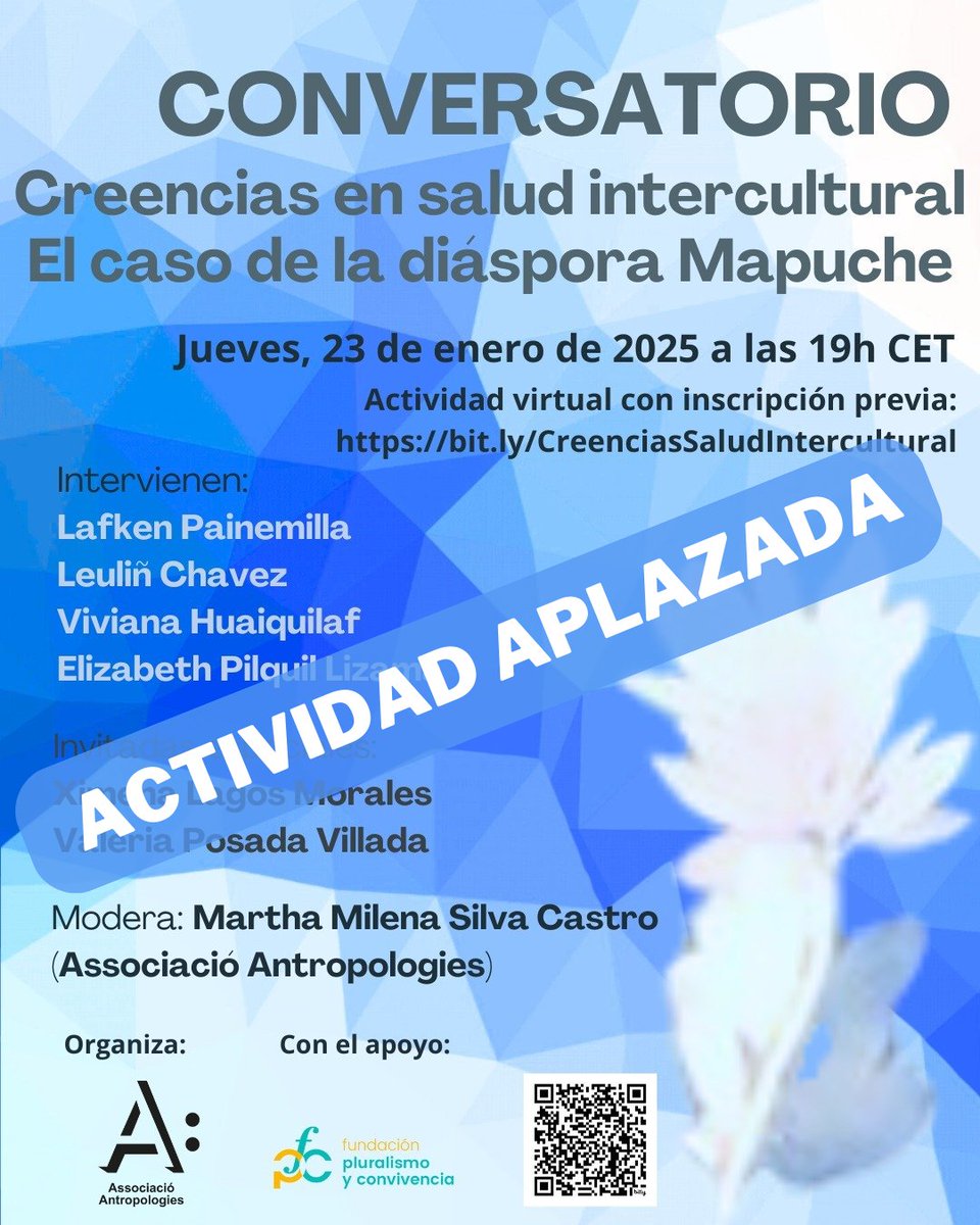 ⚠️Por motivos de fuerza mayor ajenos a nuestra voluntad, tenemos que APLAZAR el conversatorio virtual "Creencias en salud intercultural: El caso de la diáspora Mapuche" hasta nueva fecha.
🔉Notificaremos lo antes posible de la nueva fecha cuando reprogramemos la actividad.