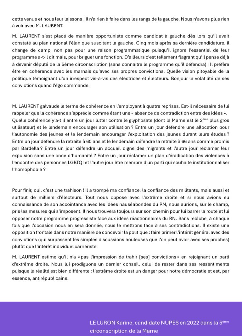 Karine_LeLuron's tweet photo. Nous apprenons par voie de presse ce changement de cap. 
Je ne peux pas laisser mon nom être associé à celui d’un traitre.

Nous dénonçons un choix opportuniste et la vacuité affligeante de ses propos. C’est une insulte envers les milliers d’électeurs qui nous ont fait confiance. https://t.co/1ndBgNwrhN