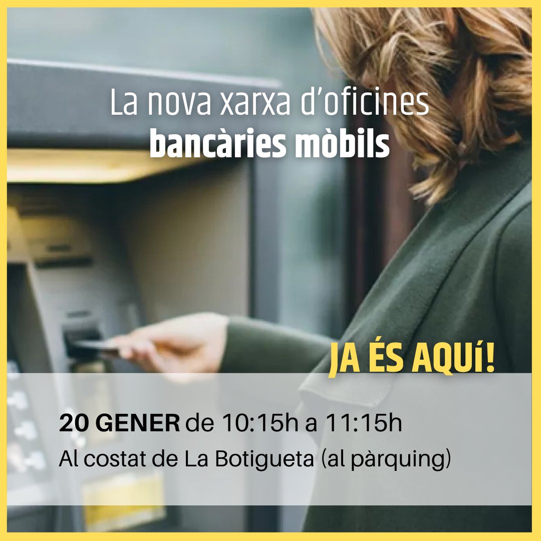 Caixers i serveis financers als municipis sense oficina bancària

📅 Anirem recordant els dies on tindreu disponible aquest servei.

👥 Atenció personalitzada i sense comissions per retirar i ingressar efectiu.

#Querol #AltCamp #AjuntamentQuerol #oficinesmòbils #banca #caixers