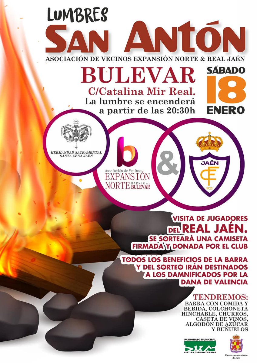 Hermandad de la Santa Cena - Jaén (@santacenajaen) on Twitter photo ¡VUELVE LA LUMBRE DE SAN ANTÓN! 🔥🔥
El próximo día 18 de Enero tendrá lugar la tradicional Lumbre de San Antón junto a nuestra <a href="/AvExpansionN/">Expansión Norte</a> y el <a href="/RealJaenCF/">Real Jaén C.F.</a>.
Además, contaremos con la visita de jugadores del Real Jaén y un sorteo de una camiseta firmada.
Todos los ¡VUELVE LA LUMBRE DE SAN ANTÓN! 🔥🔥
El próximo día 18 de Enero tendrá lugar la tradicional Lumbre de San Antón junto a nuestra <a href="/AvExpansionN/">Expansión Norte</a> y el <a href="/RealJaenCF/">Real Jaén C.F.</a>.
Además, contaremos con la visita de jugadores del Real Jaén y un sorteo de una camiseta firmada.
Todos los
