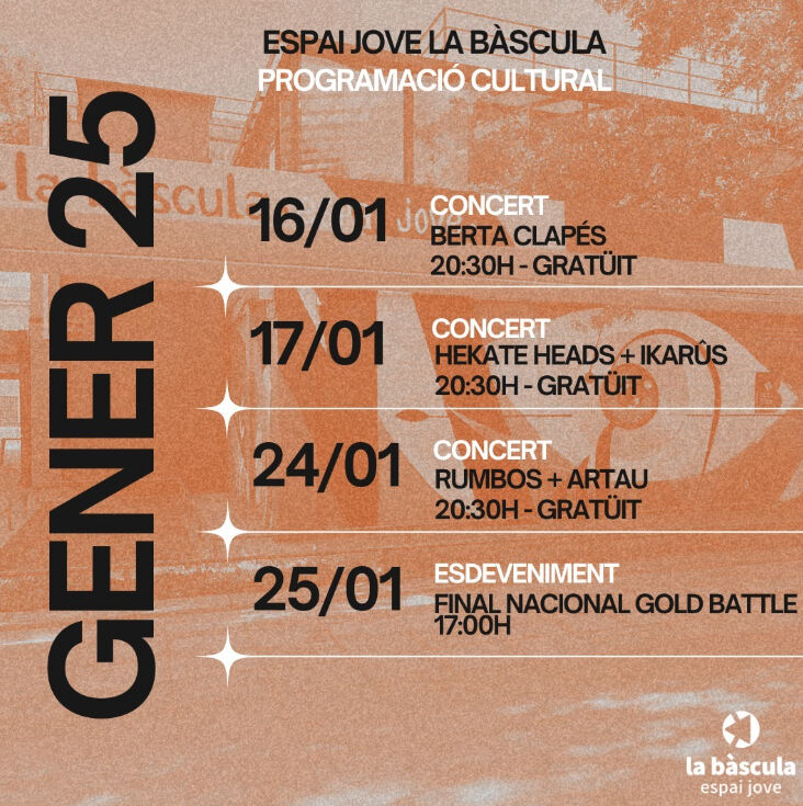 Agenda de gener carregada de bona música a <a href="/labascula038/">LA BÀSCULA</a> 
Apunta:
🎶 AVUI DIJOUS concert de Berta Clapés
🎶 DEMÀ DIVENDRES doble concert Hekate Heads + Ikarûs
🎶 24/01 doble concert Rumbos + Artau
🎤 25/01 final nacional de Gold Battle 2024-2025