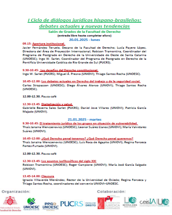 Colaboramos en la organización del "I Ciclo de diálogos jurídicos hispano-brasileños: debates actuales y nuevas tendencias", que se desarrollará los días 20 y 21 de enero: