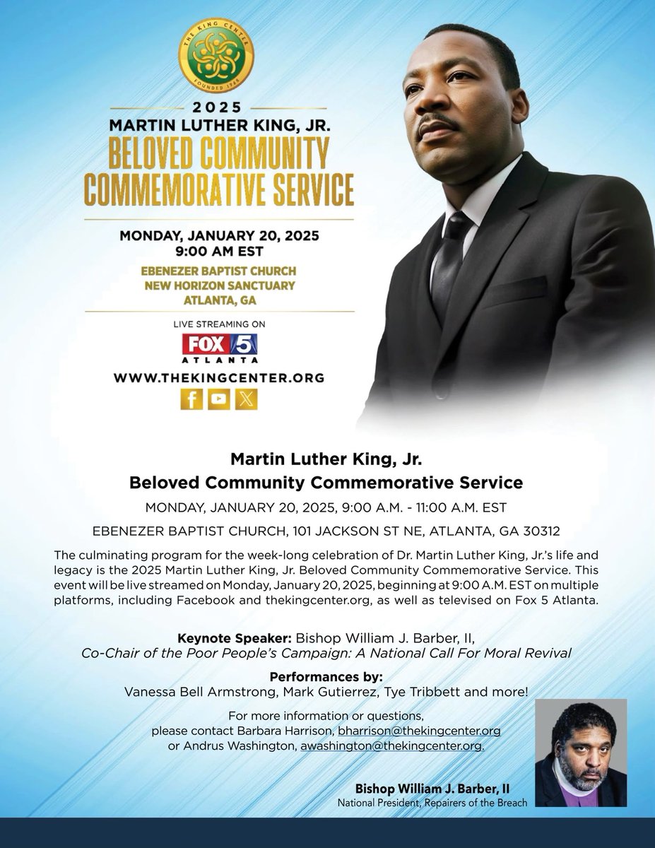 On Monday, Jan 20, I will preach the MLK, Jr Beloved Community Commemorative Service that the <a href="/TheKingCenter/">The Martin Luther King, Jr. Center</a> hosts at Ebeneezer Baptist Church in Atlanta. You can watch on <a href="/FOX5Atlanta/">FOX 5 Atlanta</a> or at thekingcenter.org