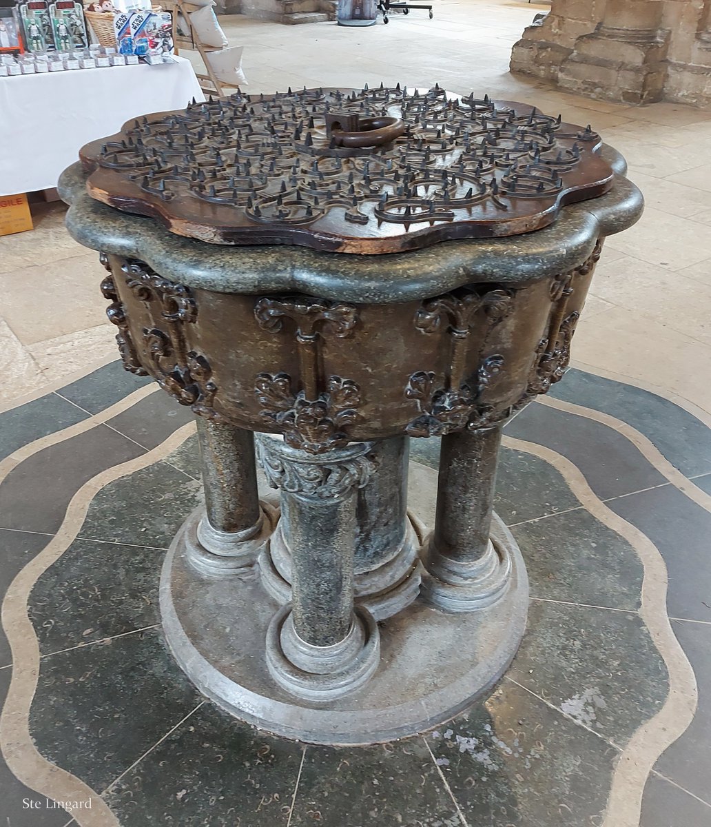 The C13 font <a href="/pborocathedral/">Peterborough Cathedral</a>, made from Alwalton marble. Thrown out at some point (perhaps during the Civil War) &amp; rediscovered in a nearby garden in the 1820s. The Cathedral announced this week it is in financial crisis, needing £300k urgently. #FontsOnFriday #Peterborough