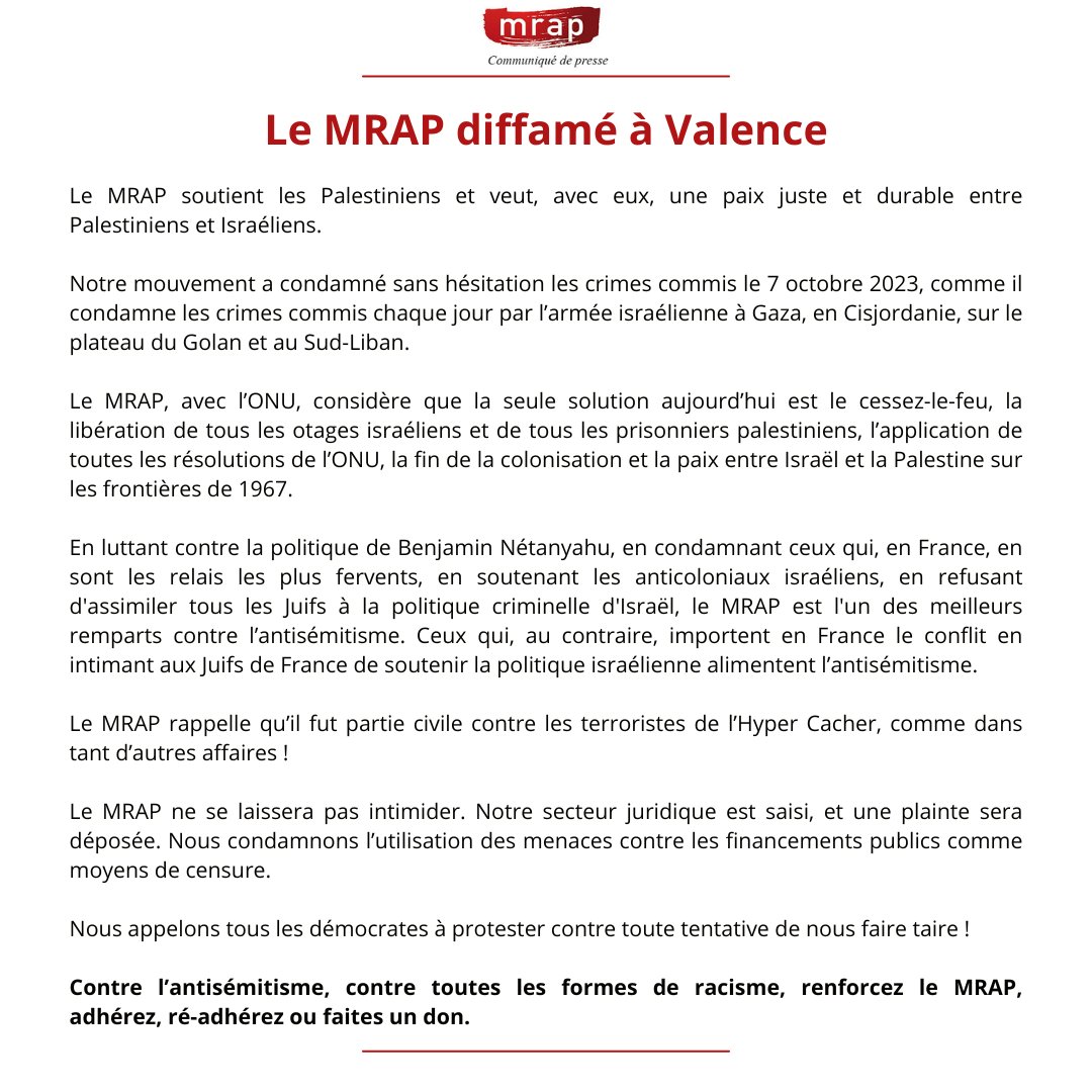 Le MRAP diffamé à Valence !

Contre l'antisémitisme, contre toutes les formes de racisme, renforcez le MRAP, adhérez, ré-adhérez ou faites un don.