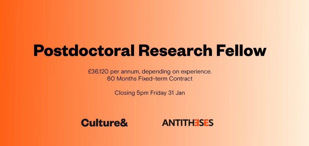 Our amazing partners <a href="/cultureand_/">Culture&</a> are #recruiting for a Post Doctorial Researcher to work on the <a href="/ANTITH3SES/">ANTITHESES Research Platform</a> Reimagining #Museums theme.

Deadline: 31 Jan 2025
Details and application info 👇

cultureand.org/news/post-doct…