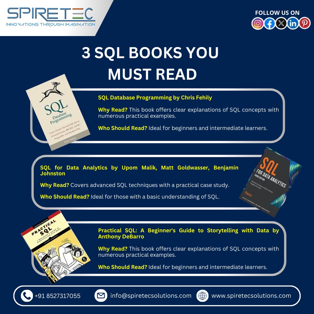 Spiretec_Train's tweet image. Begin Your SQL Journey Today!
Unlock your potential with these top-tier resources to master SQL. Here are 3 must-read books, perfect for both beginners and advanced learners. Which one will you dive into first? Let us know in the comments!
#SQLJourney #LearnSQL #SQLBooks