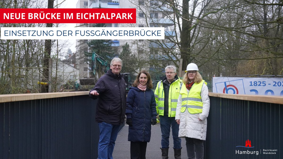 Im Rahmen der Umgestaltung zum #Klimapark hat der #Eichtalpark heute (16.1.25) eine neue #Fußgängerbrücke erhalten 😍. Die #Brücke führt vom Hauptweg an der Hundewiese an der Straße „Bei der Hopfenkarre“ über die #Wandse.