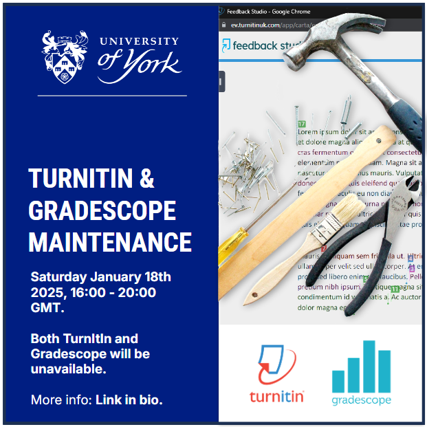 UoYVLE's tweet photo. 💻🛠️ ALL: TurnItIn &amp; Gradescope maintenance - Saturday January 18th, 16:00 - 20:00 GMT.

Both TurnItIn and Gradescope will be unavailable.

Apologies for any inconvenience caused.

More info (including how to submit during the maintenance): Link in bio. https://t.co/kYHh5S3TQ7