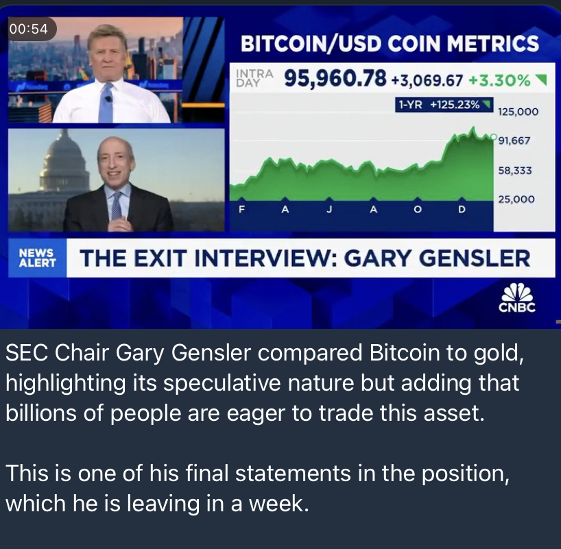 CRYPTO4SONS's tweet photo. 🚨 Bitcoin Hits $100,000 as Gensler Exits the SEC!
Gary Gensler’s last attempt to regulate crypto failed to leave a lasting impact on the market. His strict policies never resonated with the potential of blockchain innovation, and the era of "#anticrypto" regulators ends with him.
Outgoing SEC Chair Gary Gensler compares #Bitcoin to #gold, acknowledging its speculative nature while emphasizing its massive global appeal. 🌍💰
#Gensler's Exit: Leaving in a few days, marking the end of his #crypto crackdown era.
New #SEC Leadership: Pro-crypto #PaulAtkins set to take over, sparking optimism for favorable crypto policies.
🔑 What’s Changing?
Trump’s Pro-Crypto Era Begins: With new SEC leadership and the appointment of a Crypto #Czar in his administration, the U.S. is set to become the hub of #blockchain innovation.
Elon Musk's Role: Musk is rumored to join the D.O.G.E. (Department of Government Efficiency), signaling even more support for #decentralized #technologies.
Trump’s Crypto Stance: Strong backing for #Bitcoin, #Ethereum, and broader crypto markets shows he’s ready to lead the U.S. into the future of finance.
💡 What’s Next?
The market anticipates a crypto-friendly shift as Bitcoin solidifies its position as "#digitalgold." The stage is set for a new era in #UScrypto #regulation. 🌟
#Bitcoin #Crypto #Blockchain #GaryGensler #Trump2024 #BTC #ETH #DOGE