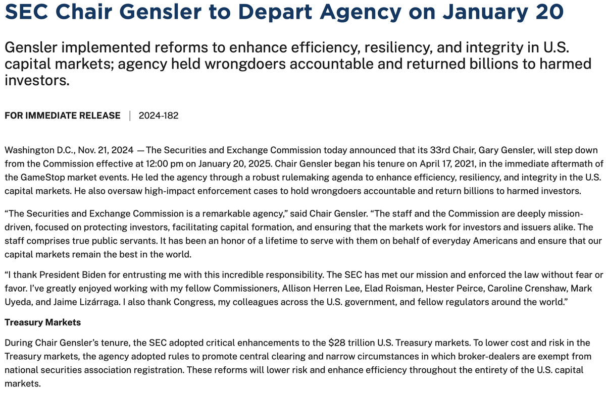 CRYPTO4SONS's tweet photo. 🚨 Bitcoin Hits $100,000 as Gensler Exits the SEC!
Gary Gensler’s last attempt to regulate crypto failed to leave a lasting impact on the market. His strict policies never resonated with the potential of blockchain innovation, and the era of "#anticrypto" regulators ends with him.
Outgoing SEC Chair Gary Gensler compares #Bitcoin to #gold, acknowledging its speculative nature while emphasizing its massive global appeal. 🌍💰
#Gensler's Exit: Leaving in a few days, marking the end of his #crypto crackdown era.
New #SEC Leadership: Pro-crypto #PaulAtkins set to take over, sparking optimism for favorable crypto policies.
🔑 What’s Changing?
Trump’s Pro-Crypto Era Begins: With new SEC leadership and the appointment of a Crypto #Czar in his administration, the U.S. is set to become the hub of #blockchain innovation.
Elon Musk's Role: Musk is rumored to join the D.O.G.E. (Department of Government Efficiency), signaling even more support for #decentralized #technologies.
Trump’s Crypto Stance: Strong backing for #Bitcoin, #Ethereum, and broader crypto markets shows he’s ready to lead the U.S. into the future of finance.
💡 What’s Next?
The market anticipates a crypto-friendly shift as Bitcoin solidifies its position as "#digitalgold." The stage is set for a new era in #UScrypto #regulation. 🌟
#Bitcoin #Crypto #Blockchain #GaryGensler #Trump2024 #BTC #ETH #DOGE