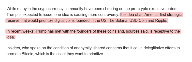 【速報】トランプ氏、米国発の仮想通貨（ $SOL $USDC $XRP ）による準備資産のアイデアに前向き：NYP

> 戦略的準備資産として、Solana、USD Coin、Rippleのような米国発のデジタルコインを優先するというもの

> トランプ氏はこれらのコインの創設者と会談を行い、このアイデアに前向きだとされる