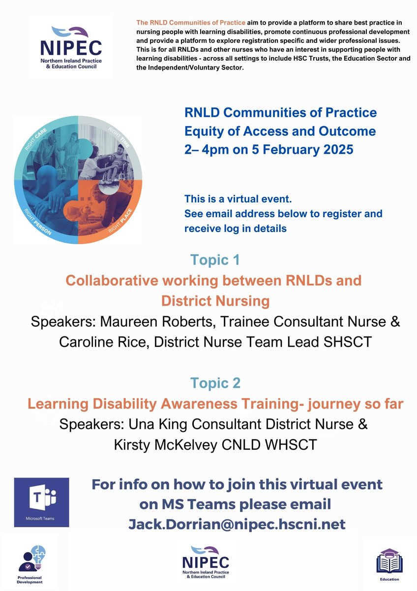 NIPEC (@nipec_online) on Twitter photo Find out about work happening in HSC Trusts to improve impact and outcomes for people with Learning Disabilities. NIPEC RNLD Communities of Practice 5th Feb 2–4pm. This online session follows the launch of Equity of Access and Outcome Report. See below to register. <a href="/Lindak973/">Linda Kelly, Registered Nurse</a> Find out about work happening in HSC Trusts to improve impact and outcomes for people with Learning Disabilities. NIPEC RNLD Communities of Practice 5th Feb 2–4pm. This online session follows the launch of Equity of Access and Outcome Report. See below to register. <a href="/Lindak973/">Linda Kelly, Registered Nurse</a>
