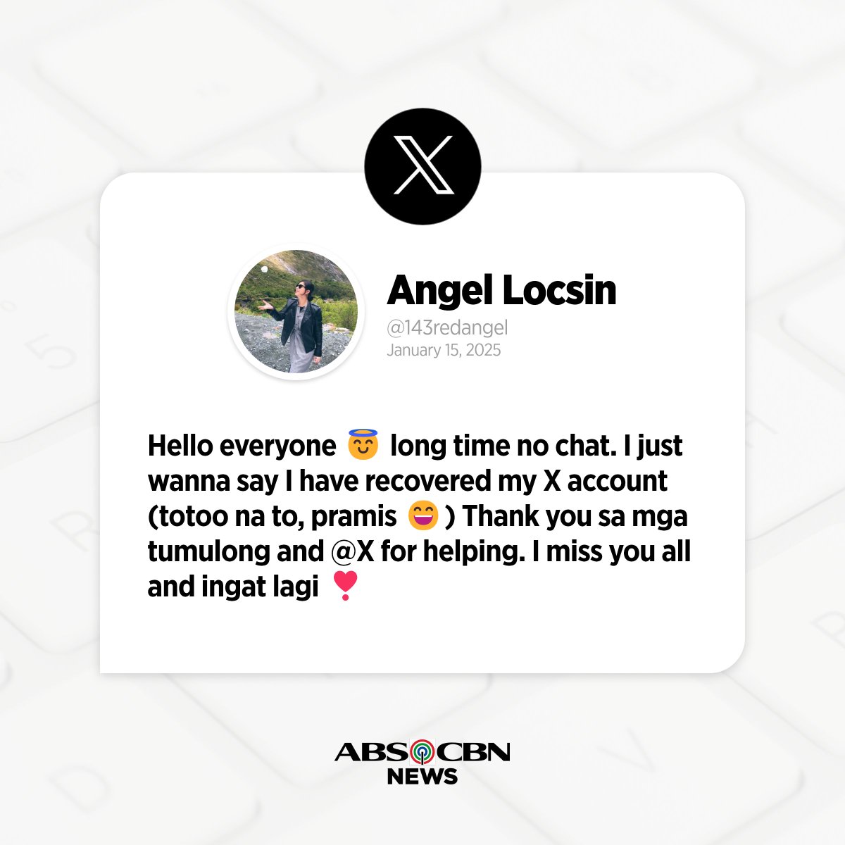 IS SHE BACK? YES, ANGEL IS BACK FOR REAL ON X! 😍

Actress Angel Locsin (<a href="/143redangel/">Angel Locsin</a>) penned a message to her fans after successfully retrieving her X account (formerly Twitter) on Wednesday, January 15.

READ: abs-cbn.com/entertainment/…