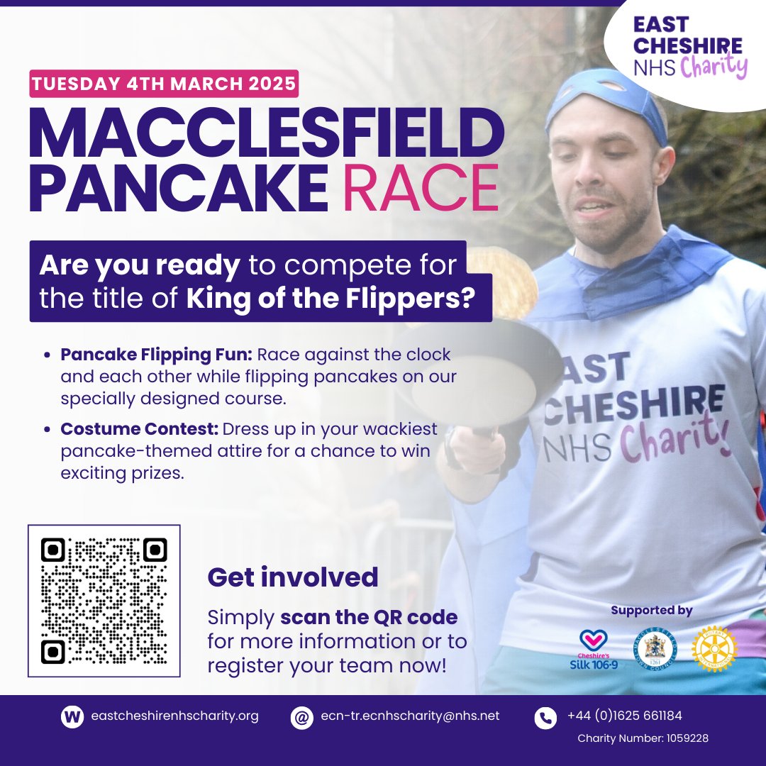EastCheshireNHS's tweet photo. Macclesfield Pancake Day is back for 2025!

Could you submit a team from your business, club or organisation?

Flip your way to victory and raise money for your local NHS charity - @ECNHSCharity! 💙 

Sign up here ➡️ https://t.co/nGsCYvkh8k https://t.co/4RpX5JgskV