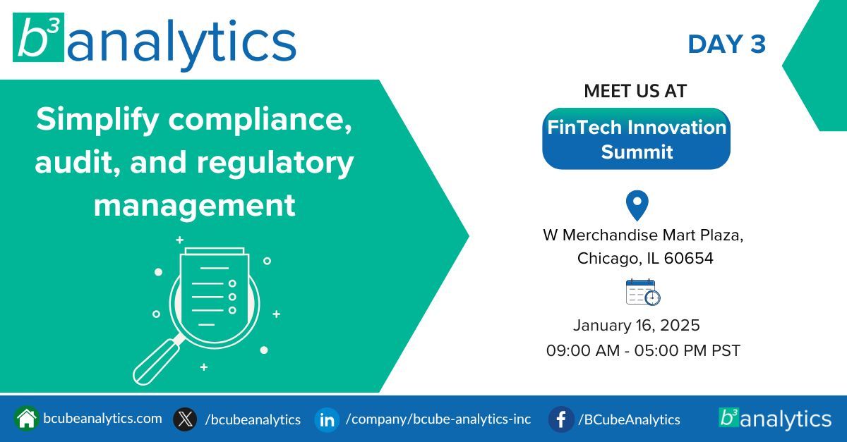 BCubeAnalytics's tweet image. Simplify compliance, audit, and regulatory management with #BCube #RegStacker. Let's connect at the Fintech Innovation Summit in Chicago to learn how.  @1871tech @sajinn #FinTech #InnovationSummit #1871Tech #1871Chicago #FinTechSummit #ChicagoFinTech