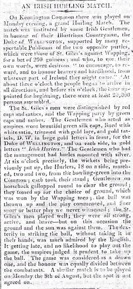 Report on a Hurling match between players from Wapping and St. Giles at Kennington Common in London on the 25th of July 1814 in front of huge crowd of 20,000 spectators #hurlinghistory