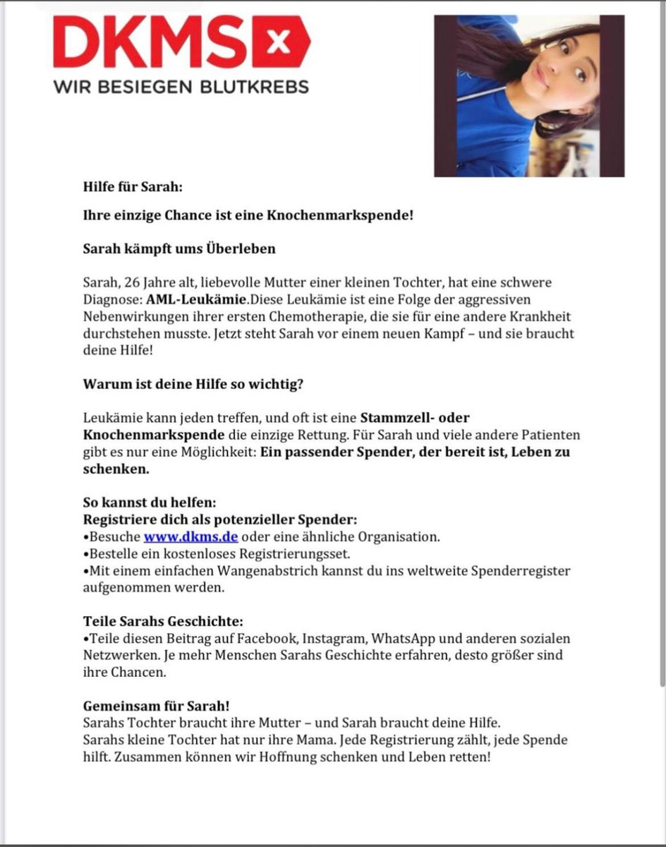 blackkong88's tweet photo. Hallo zusammen,

würdet ihr mir einen Gefallen ermöglichen🙏🏾

Bitte Retweetet diesen Post und macht es möglich, dass der Sarah geholfen wird🙏🏾
Es ist sehr wichtig und jeder Like/Retweet kann ihr Leben retten🙌🏾🙌🏾
#rtlnfl #endzn @DKMS_de @RTLNFL @RTL_Sport @RTLNitroDE @DAZN_DE https://t.co/IEZpfdvJzq