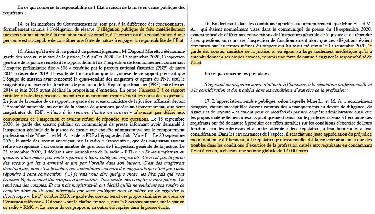 Inédit : La responsabilité de l'Etat est engagée pour les « propos erronés » tenus publiquement par un ministre de la Justice contre des magistrats.

Ici, Éric Dupond-Moretti (en 2020) visant 2 magistrats du @Pr_Financier.

L'Etat doit verser 12 000 &amp; 15 000 € à ces magistrats.