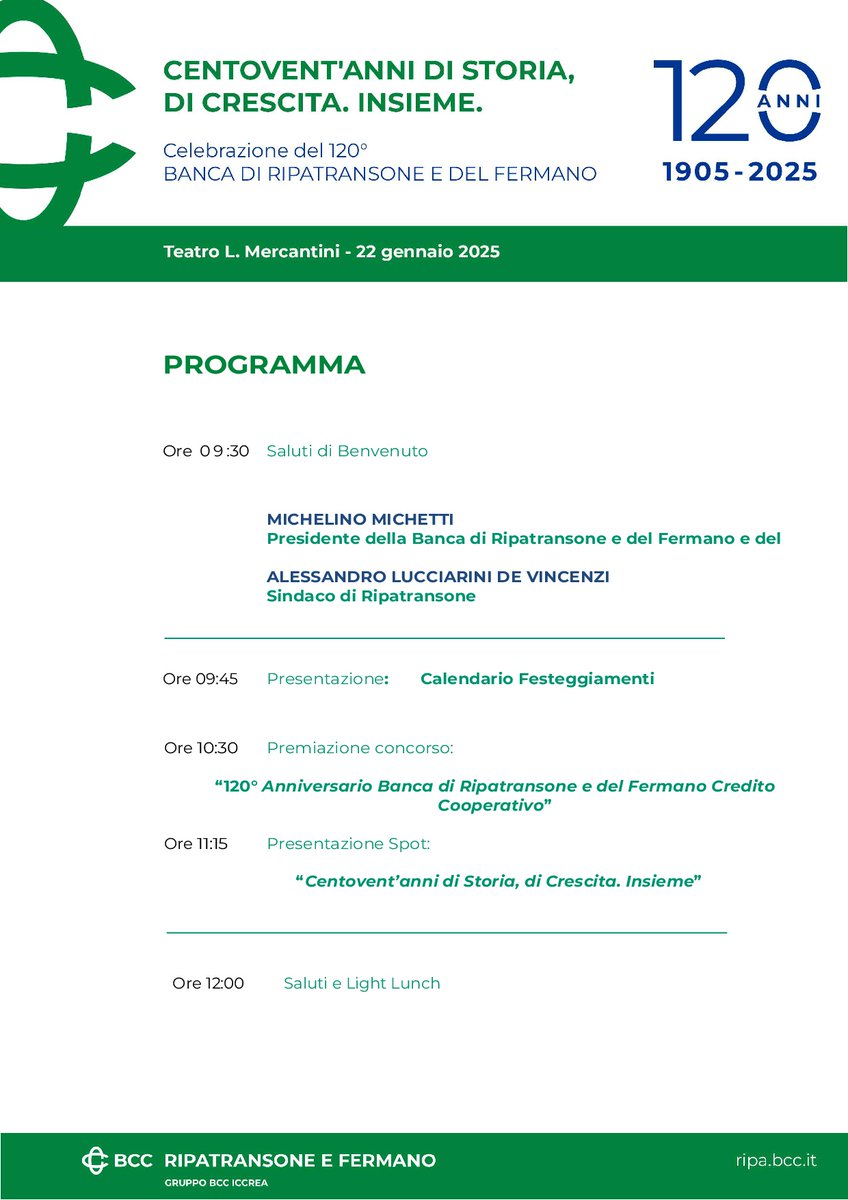 BccRipa's tweet photo. Il 22 gennaio, al Teatro "Mercantini", iniziano 𝐥𝐞 𝐜𝐞𝐥𝐞𝐛𝐫𝐚𝐳𝐢𝐨𝐧𝐢 𝐩𝐞𝐫 𝐢 𝐧𝐨𝐬𝐭𝐫𝐢 𝟏𝟐𝟎 𝐚𝐧𝐧𝐢. 𝐒𝐜𝐨𝐩𝐫𝐢 il programma dell'evento, che nel pomeriggio prevede la Lectio Magistrali del professor 𝐋𝐮𝐢𝐠𝐢𝐧𝐨 𝐁𝐫𝐮𝐧𝐢.
𝐒𝐞𝐠𝐮𝐢𝐜𝐢 https://t.co/9biXCLAIfY