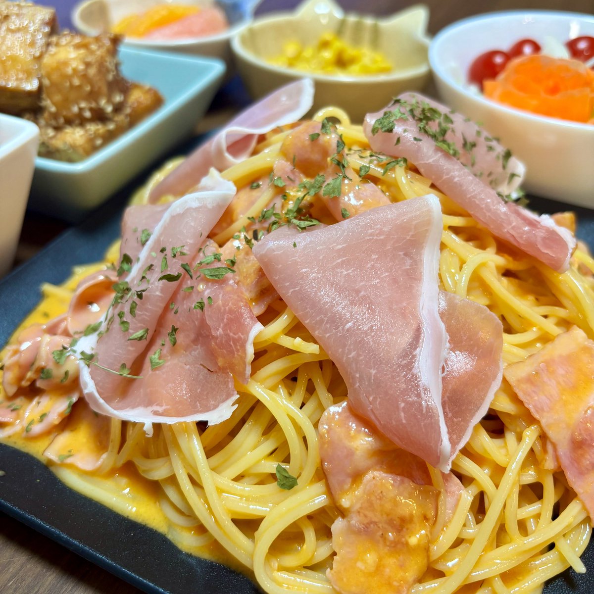 こんばんは！
今夜はお子様が大好きなカルボナーラ🍝を作りました♪

今日も楽しい１日になりました！
#夜ごはん　#おうちごはん