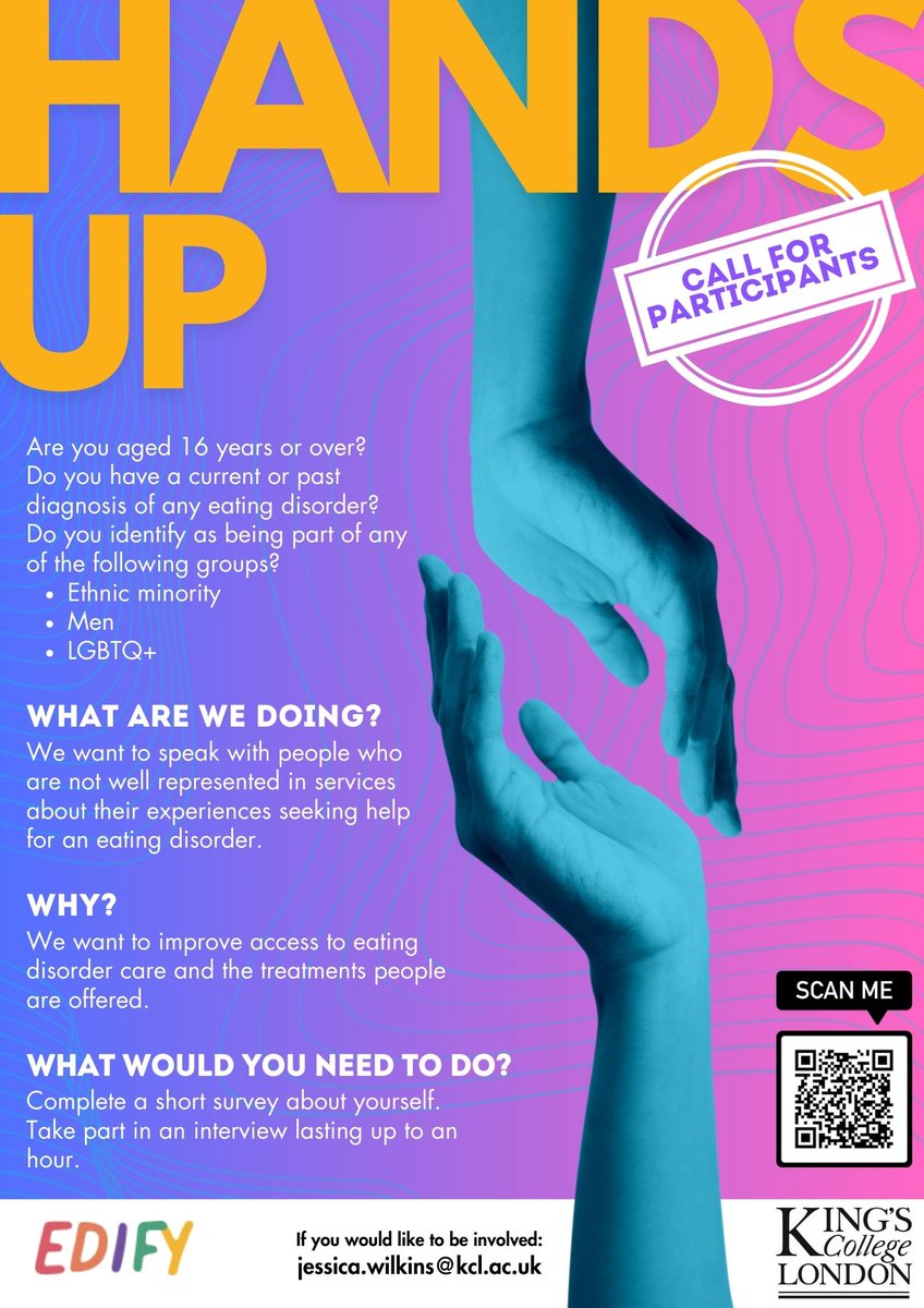 EDIFYresearch (@edifyresearch) on Twitter photo 📢Call for participants 📢 We want to improve access to #eatingdisorder care!
If you identify as an underrepresented group in ED research, we would really like to hear about your experience of ED help seeking!
Contact jessica.wilkins@kcl.ac.uk to find out more and take part. 📢Call for participants 📢 We want to improve access to #eatingdisorder care!
If you identify as an underrepresented group in ED research, we would really like to hear about your experience of ED help seeking!
Contact jessica.wilkins@kcl.ac.uk to find out more and take part.