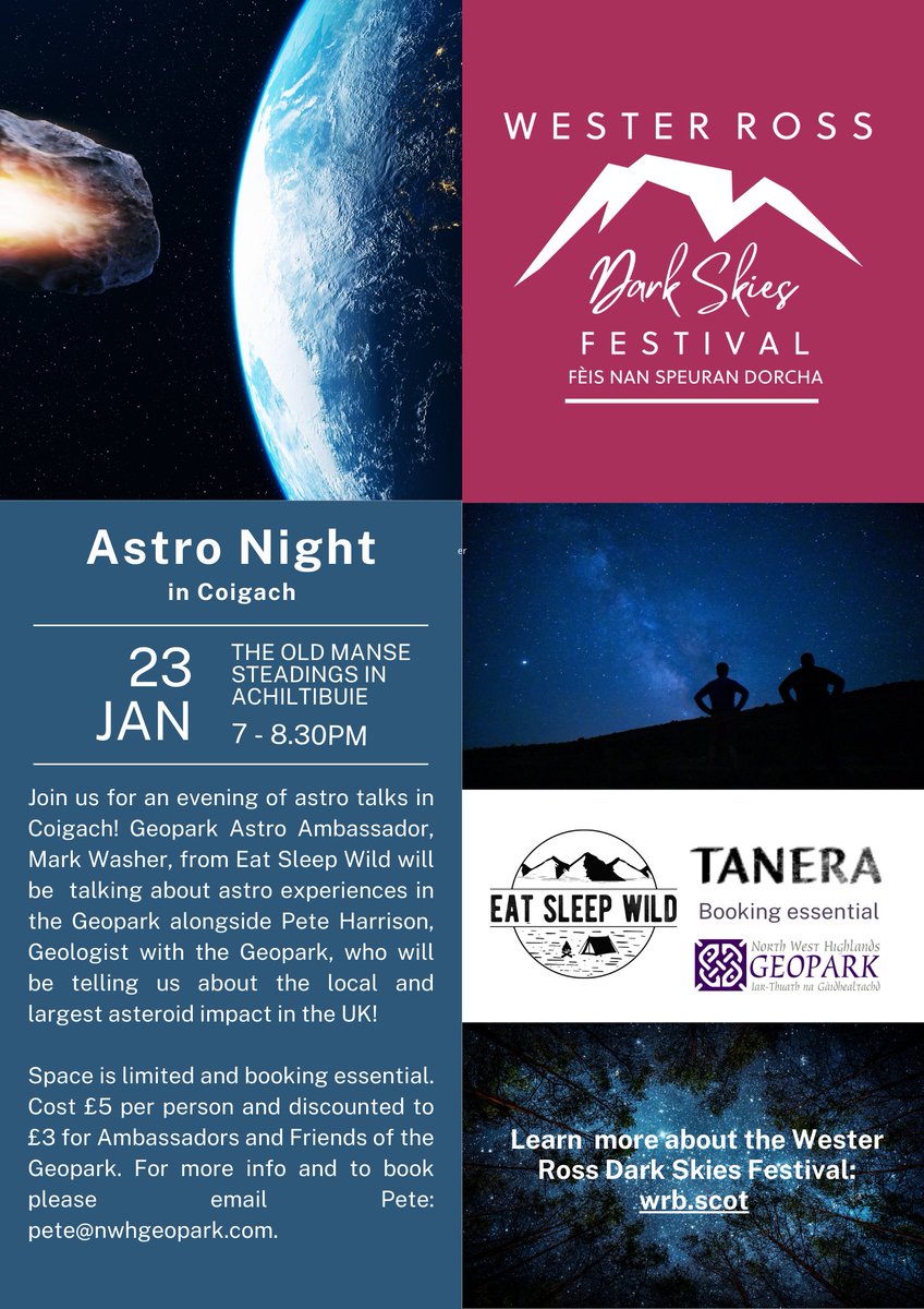 Next Thursday, join an Astro Night in Achiltibuie! Learn all about astro experiences in the Geopark as well as the local and largest asteroid impact in the UK ☄️

To book a place, email Pete: pete@nwhgeopark.com

Part of @westerrossbiosphere Dark Skies Festival ✨
<a href="/eatsleepwild/">eat sleep wild</a>