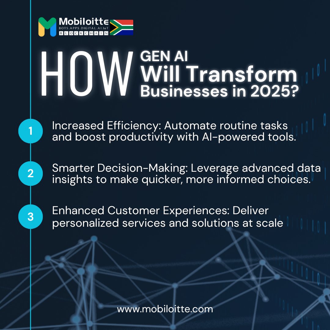 Mobiloitte_sa's tweet photo. Transforming businesses in South Africa with the power of GEN AI! Experience smarter decisions, increased efficiency, and personalized customer solutions.

Ready to lead the future? Partner with us today! https://t.co/z0cTS2mIZT

#GenAI #Future #AI #Mobiloitte #SouthAfrica https://t.co/iqWXAtL95o
