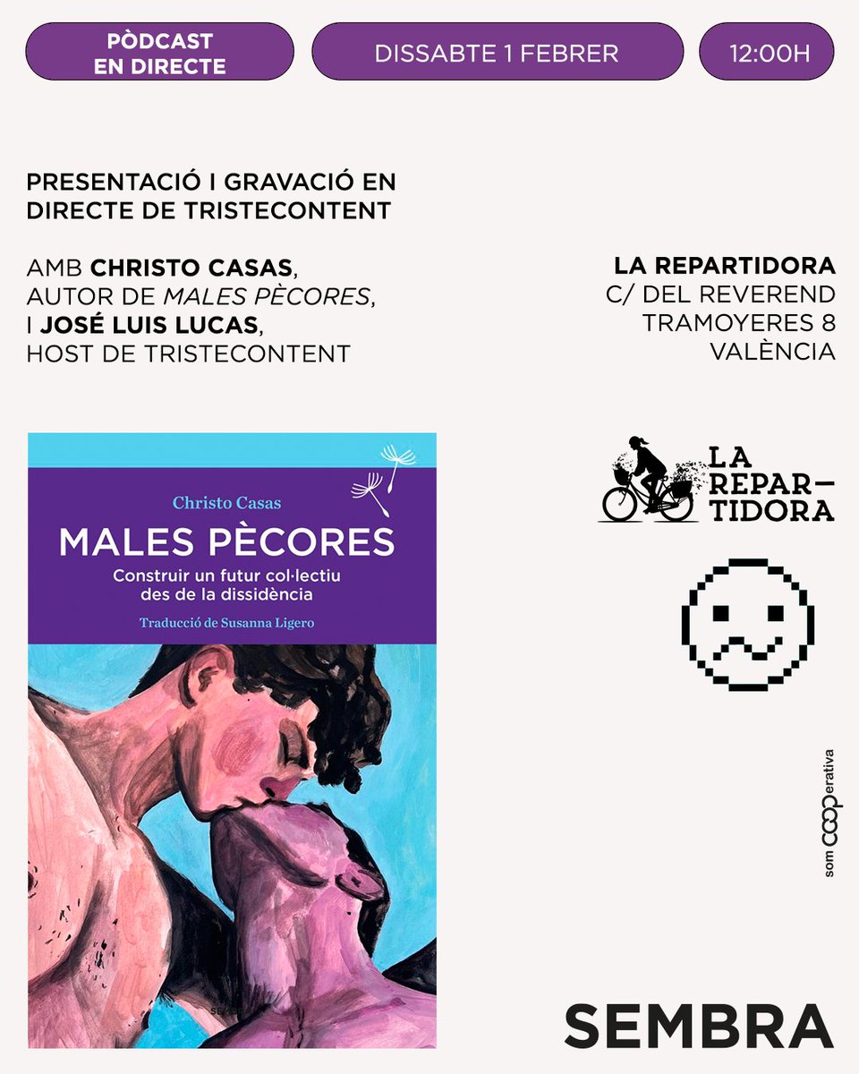 Sembra Llibres (@sembrallibres) on Twitter photo ❤️🔥València! Preneu nota d'aquest acte! El dissabte 1 de febrer presentem MALES PÈCORES de <a href="/christocasas/">Christo Casas 🍉</a> a <a href="/LaRepartidora/">La Repartidora</a> !
La presentació serà en format entrevista i gravarem en directe un capítol del pòdcast <a href="/TristeContent/">Triste Content</a>
Us esperem!🌿 ❤️🔥València! Preneu nota d'aquest acte! El dissabte 1 de febrer presentem MALES PÈCORES de <a href="/christocasas/">Christo Casas 🍉</a> a <a href="/LaRepartidora/">La Repartidora</a> !
La presentació serà en format entrevista i gravarem en directe un capítol del pòdcast <a href="/TristeContent/">Triste Content</a>
Us esperem!🌿