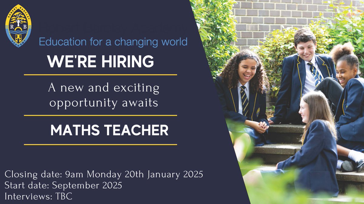 Robert Barclay Academy is part of Scholars’ Education Trust. We are looking for a hardworking, ambitious and dynamic teacher to join our highly successful Maths team. We warmly welcome applications from ECT’s.