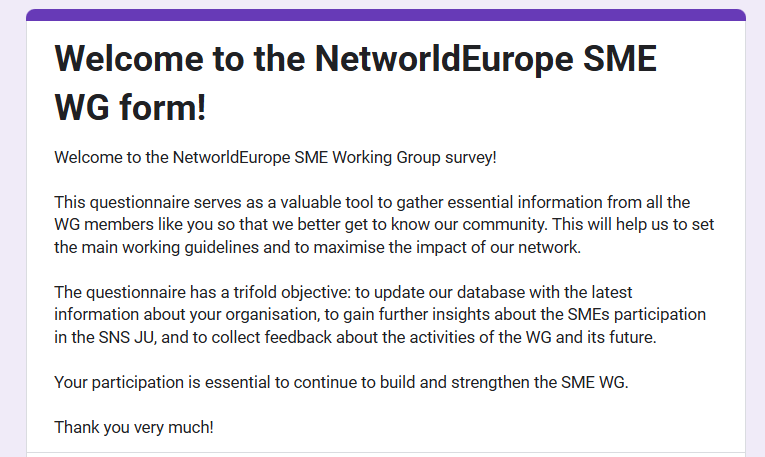 NetWorldEurope SME WG (@sme_wg_nweurope) on Twitter photo 📢 The <a href="/SME_WG_NwEurope/">NetWorldEurope SME WG</a> invites all our Members to complete our latest survey. This questionnaire is a key step in understanding and strengthening our community.
👉 Take the survey now, your input matters!
docs.google.com/forms/d/e/1FAI…
#NetworldEurope #Collaboration #SMECommunity 📢 The <a href="/SME_WG_NwEurope/">NetWorldEurope SME WG</a> invites all our Members to complete our latest survey. This questionnaire is a key step in understanding and strengthening our community.
👉 Take the survey now, your input matters!
docs.google.com/forms/d/e/1FAI…
#NetworldEurope #Collaboration #SMECommunity