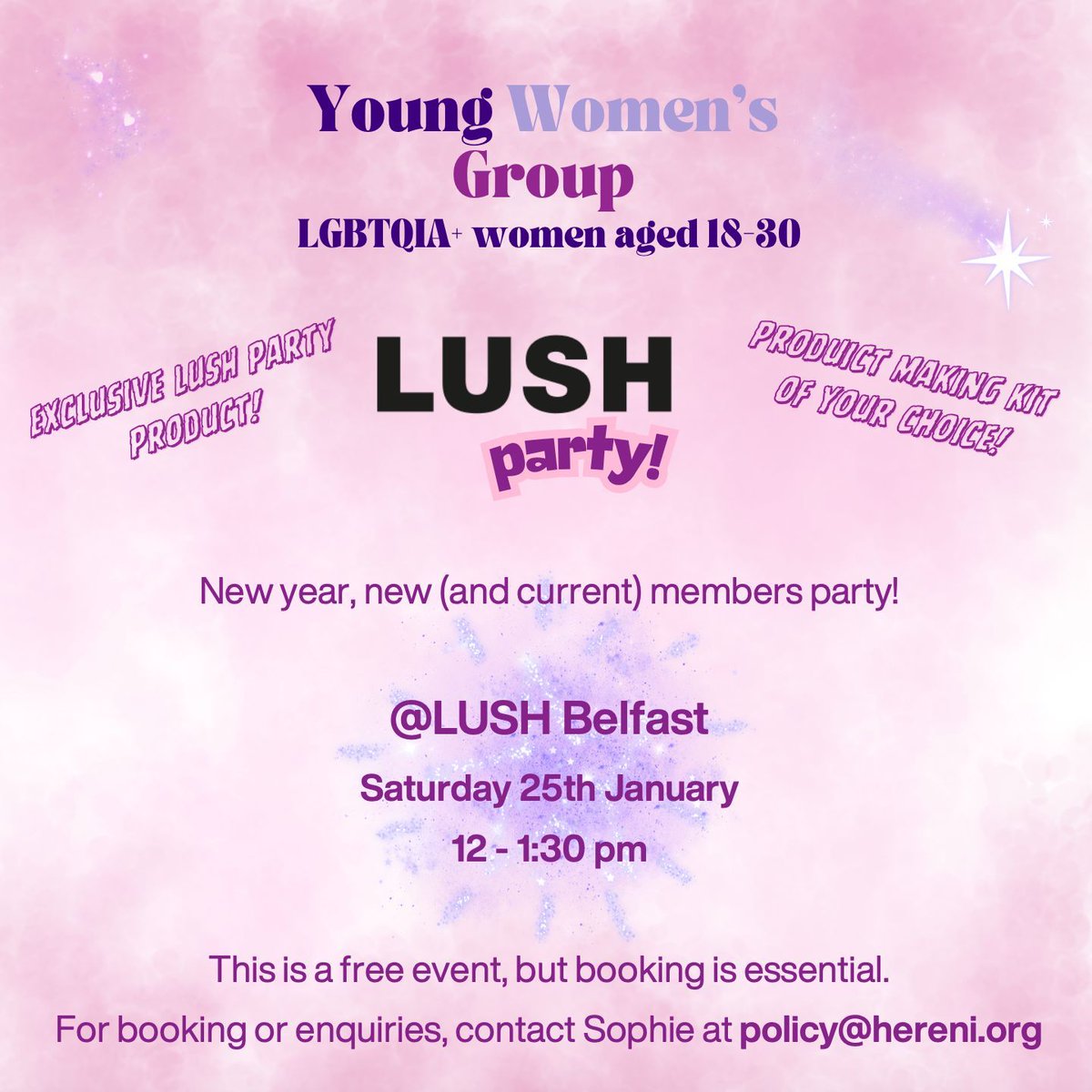 January Young Women's Group💜 

Open to all LGBTQIA+ women aged 18-30. Contact Sophie for more information!