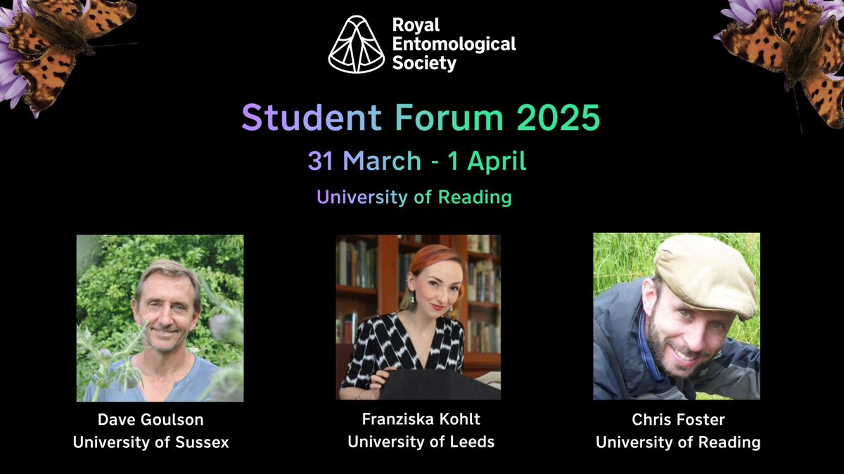 Royal Entomological Society (@royentsoc) on Twitter photo We are excited to share the keynote speakers for our 2025 Student Forum.
Join us at <a href="/UniofReading/">Uni of Reading</a> on 31 March – 01 April and hear from <a href="/DaveGoulson/">Dave Goulson</a>, <a href="/frankendodo/">Dr Franziska Kohlt 🦤</a> & <a href="/hatbirder/">Chris Foster</a>.
Registration & abstract submission open 🔽
royensoc.co.uk/event/student-…
#SF25 <a href="/ReadingBioSci/">UoR BioSci</a> <a href="/UniRdg_Ento/">Reading Entomology</a> We are excited to share the keynote speakers for our 2025 Student Forum.
Join us at <a href="/UniofReading/">Uni of Reading</a> on 31 March – 01 April and hear from <a href="/DaveGoulson/">Dave Goulson</a>, <a href="/frankendodo/">Dr Franziska Kohlt 🦤</a> & <a href="/hatbirder/">Chris Foster</a>.
Registration & abstract submission open 🔽
royensoc.co.uk/event/student-…
#SF25 <a href="/ReadingBioSci/">UoR BioSci</a> <a href="/UniRdg_Ento/">Reading Entomology</a>