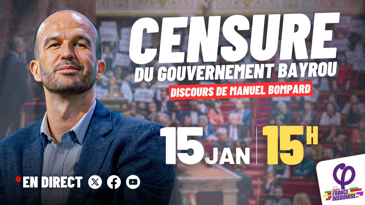 🔴⚡️ Le Gouvernement Bayrou comme le Gouvernement Barnier, doit tomber.

Manuel Bompard défendra notre #MotionDeCensure, en direct à 15h ⤵️
youtube.com/live/5FPTtksqb…

#CensureBayrou