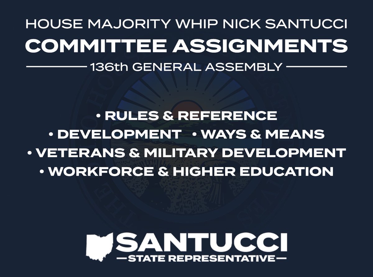 NickSSantucci's tweet photo. I am honored to serve as Majority Whip in the Ohio House and to be appointed to these key committees by Speaker Huffman. I am committed to advancing District 64’s priorities and delivering results for all Ohioans! https://t.co/oSv2B6Kqrk