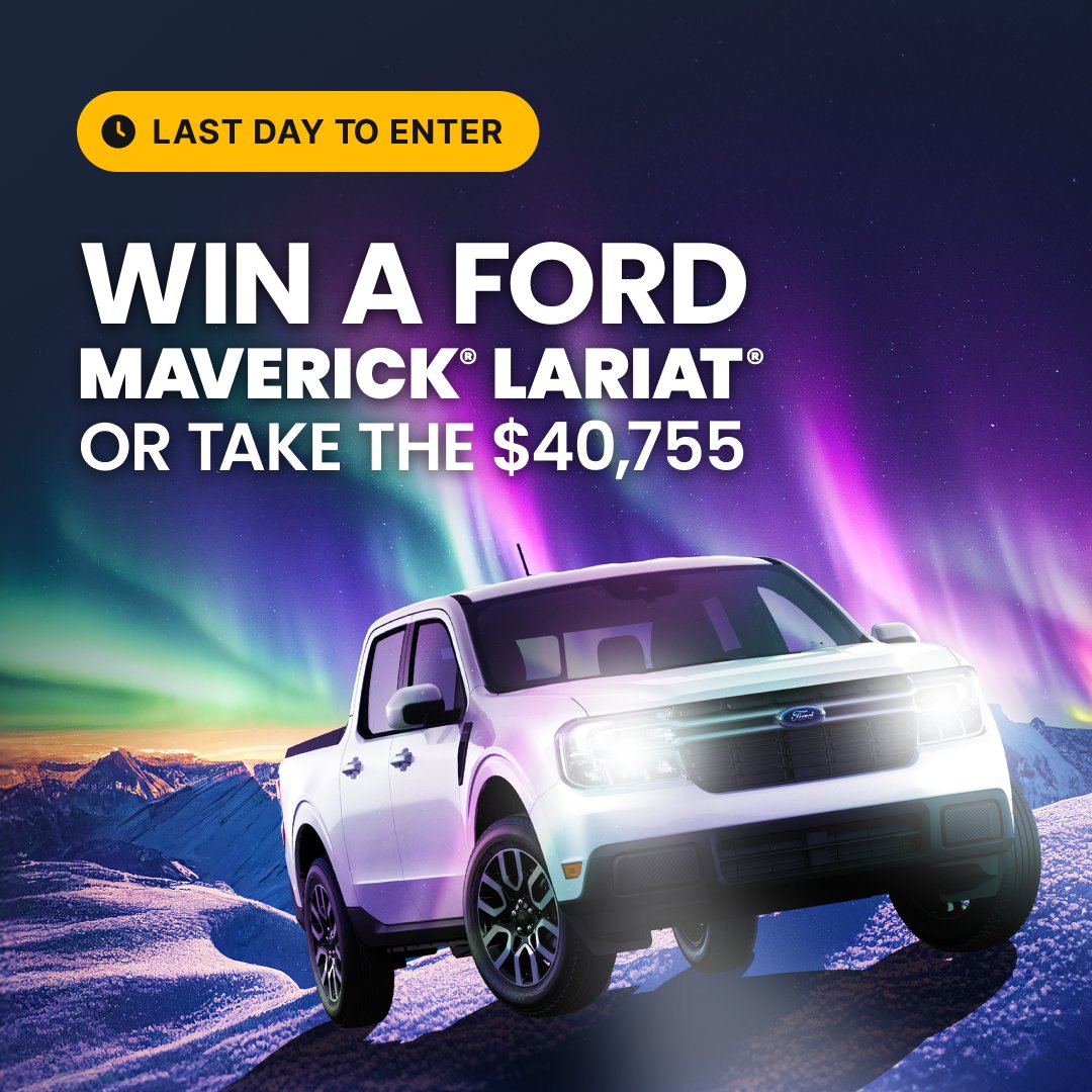 🚘 LAST CALL FOR ENTRIES TO WIN THIS FORD MAVERICK® 🚘



⏳ Today is the FINAL DAY to enter to win the truck that’s famous for being the perfect combination of style, performance, and versatility. Don't let this opportunity pass you by! bit.ly/42axQZY