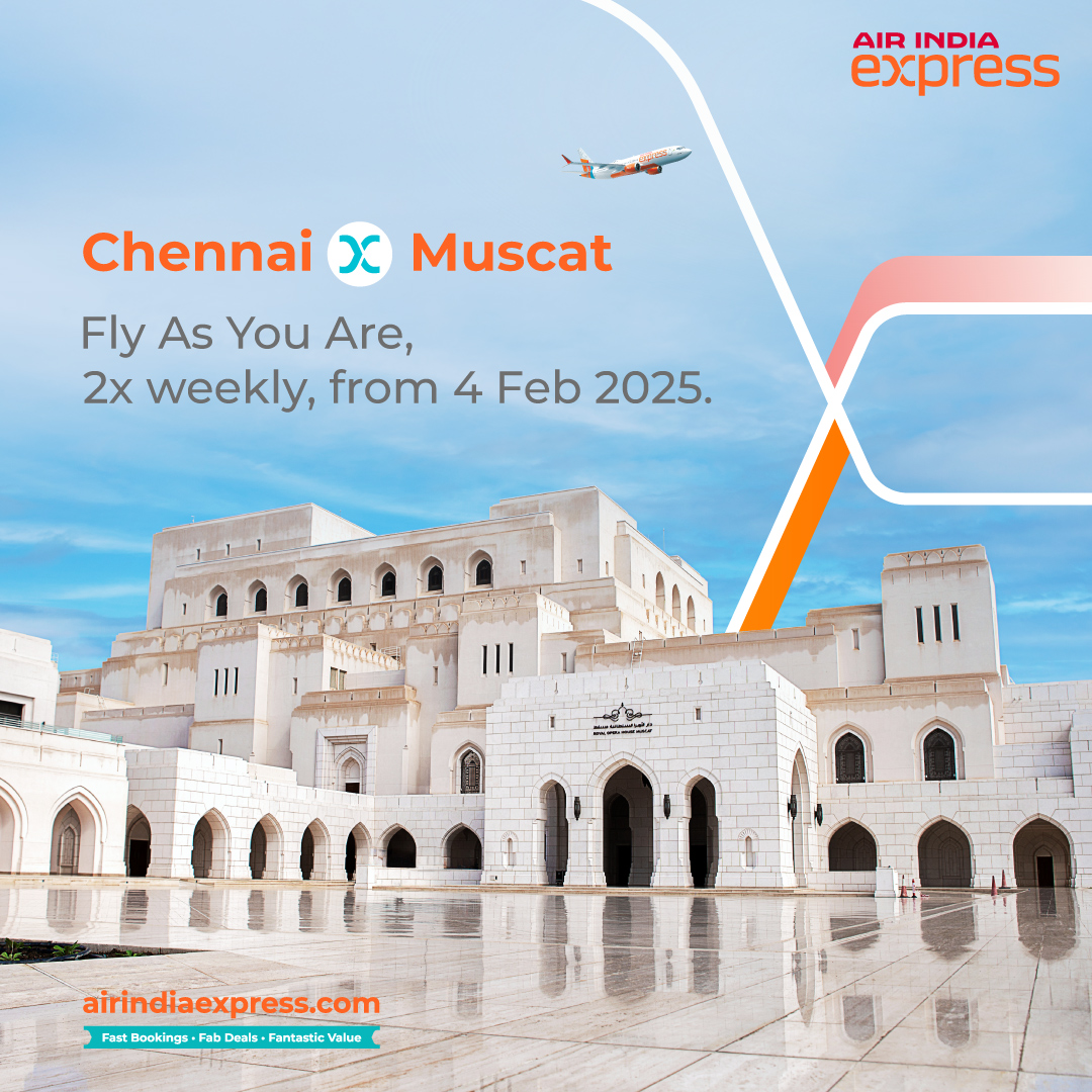 AirIndiaX's tweet photo. #FlyAsYouAre to Muscat and explore its historic souks, marvel at its striking forts, and experience the grandeur of the Royal Opera House. Introducing direct flights between Chennai and Muscat from 4 Feb 2025. Book now on https://t.co/AcwdwTqkDO and enjoy #FastBookings, #FabDeals, and #FantasticValue. ✈️